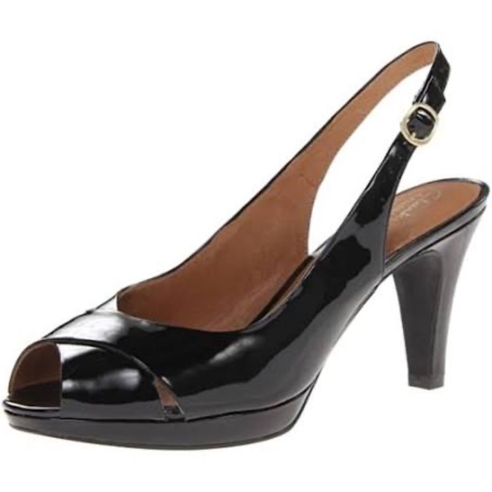NIB! Clarks Women's Wessex Bria Black Patent Leather, Slingback Pump, Size 9M